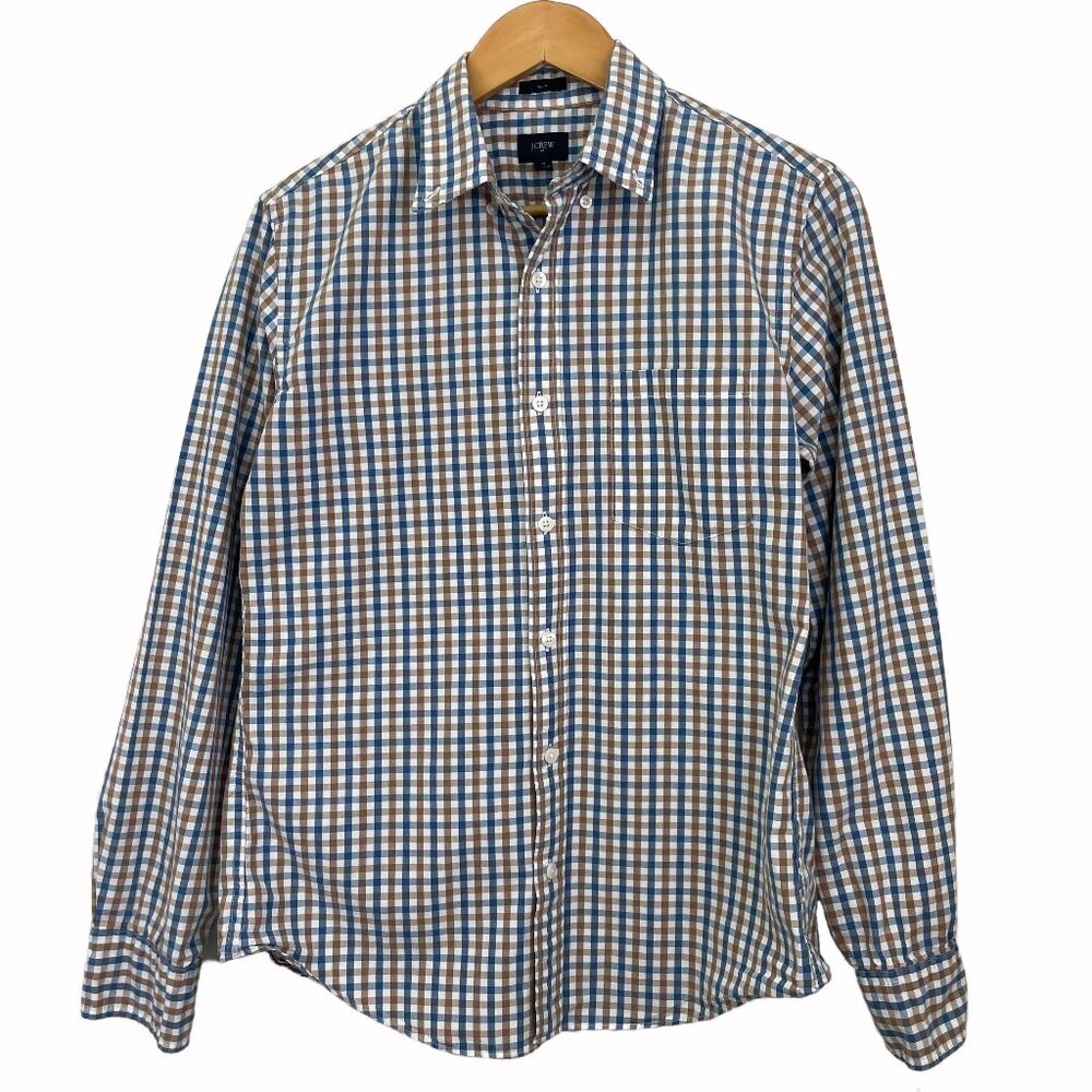 J.Crew Men Slim Fit Button Down Casual Checkered Shirt Brown Blue Medium